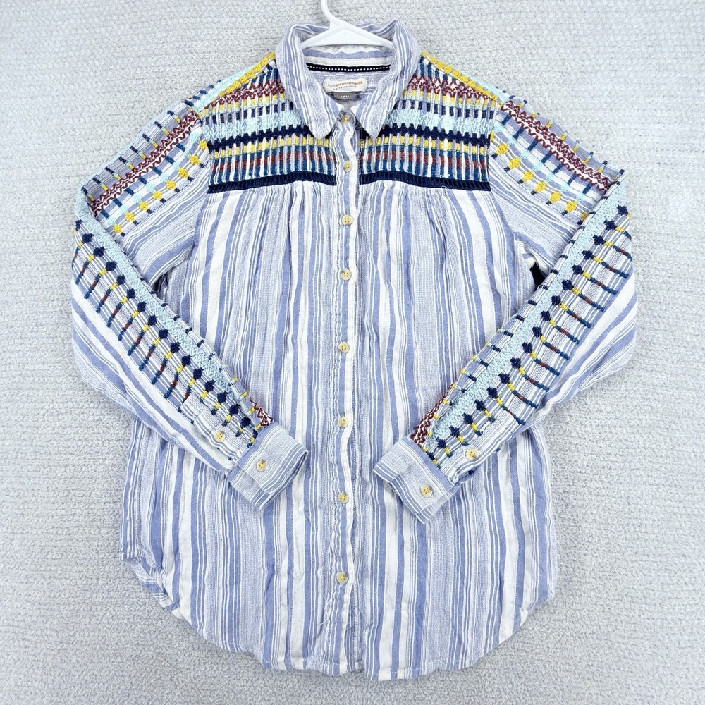 Pilcro Anthropologie Shirt Womens XS Blue Stripe Embroidered Boho Button Up